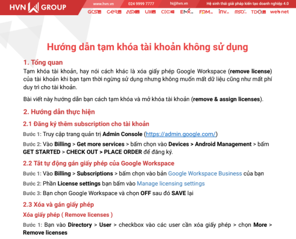Hướng dẫn tạm khóa tài khoản không sử dụng – HVN Group
